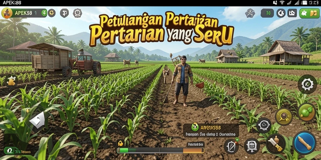 Screenshot gameplay APEK88 menampilkan kebun yang subur dan interaksi sosial.