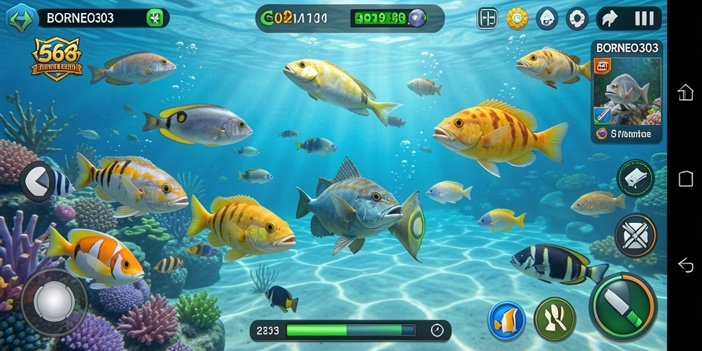 Tampilan gameplay seru dalam BORNEO303 saat menangkap ikan.