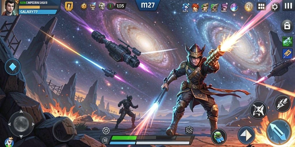 Screenshot gameplay GALAXY77 dalam pertempuran seru di galaksi.