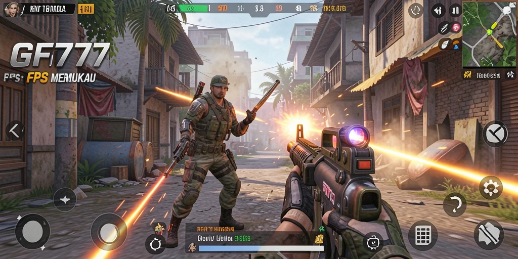Screenshot utama GF777 menampilkan aksi menembak yang intens.