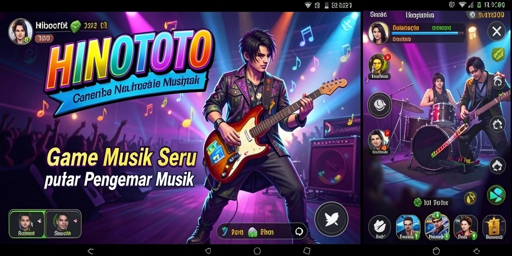 Screenshot utama HINOTOTO menunjukkan gameplay menarik sambil mendengarkan musik.