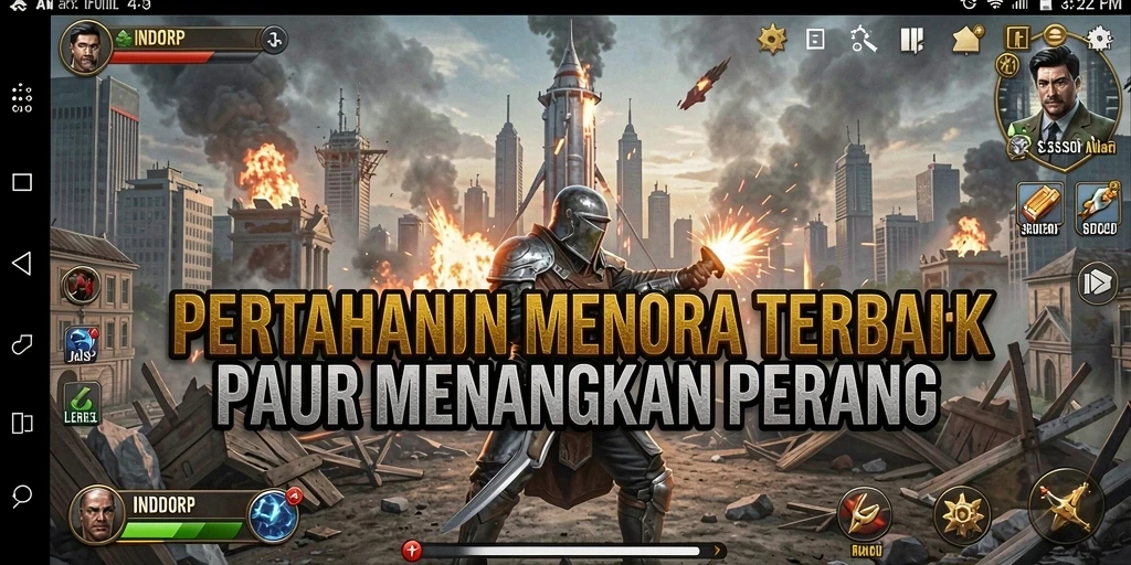 Tangkapan layar gameplay INDORP menampilkan menara dan musuh yang mendebarkan.