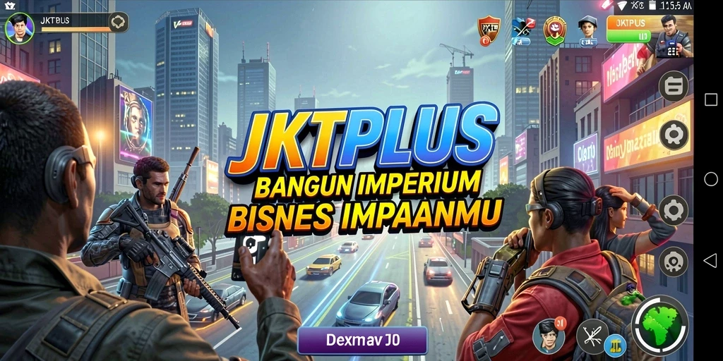 Tangkapan layar utama JKTPLUS menampilkan gameplay simulasi bisnis yang seru.