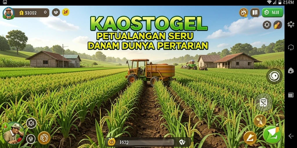 Screenshot interaktif dari gameplay KAOSTOGEL yang menunjukkan aktivitas bertani.