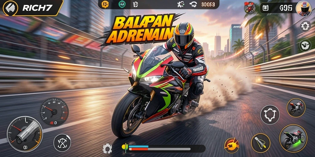 Screenshot gameplay RICH7 menampilkan balapan motor yang seru.