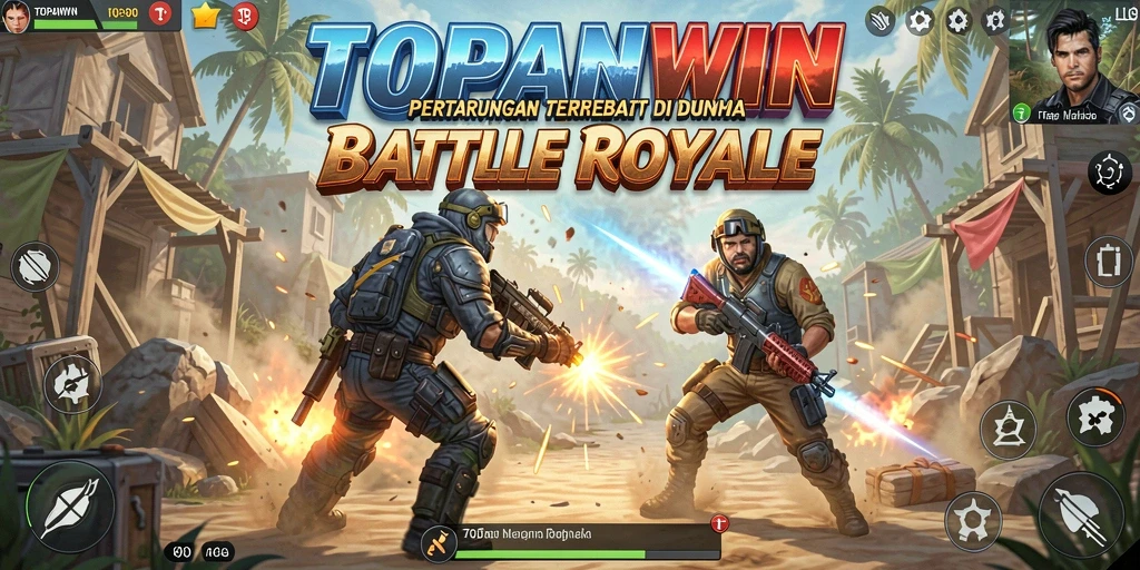 Screenshot gameplay <strong>TOPANWIN</strong> menunjukkan pertempuran seru di medan perang Battle Royale.